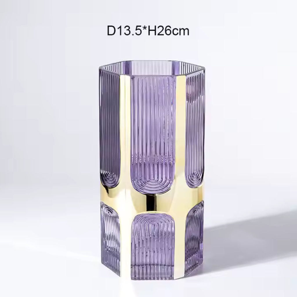 FLORERO DE VIDRIO CON LINEAS DORADAS